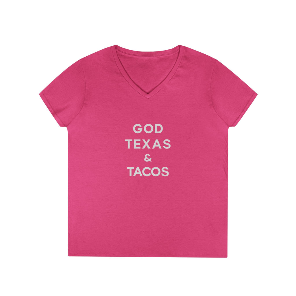 God, Texas and Tacos - Ladies' V-Neck T-Shirt