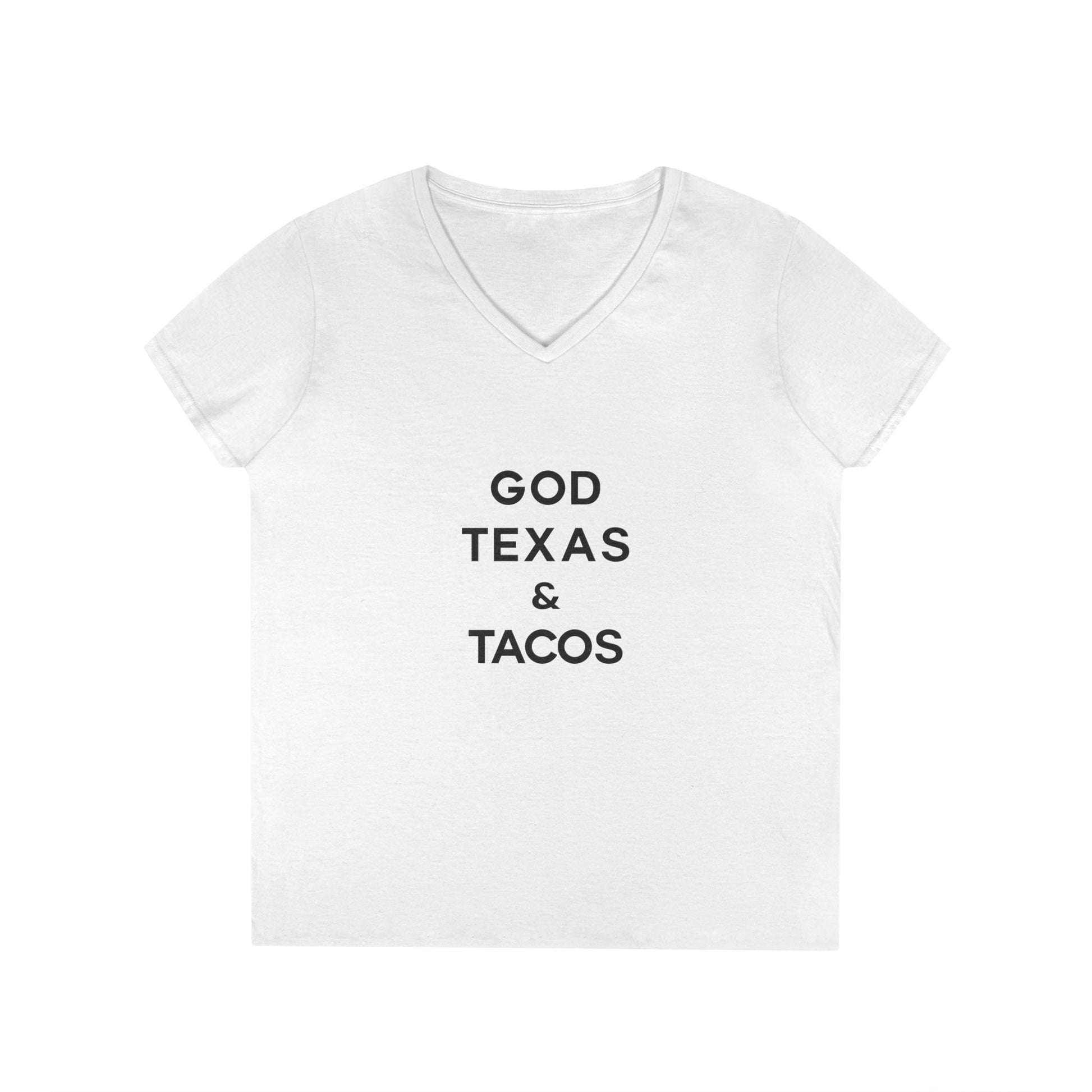 God, Texas and Tacos - Ladies' V-Neck T-Shirt