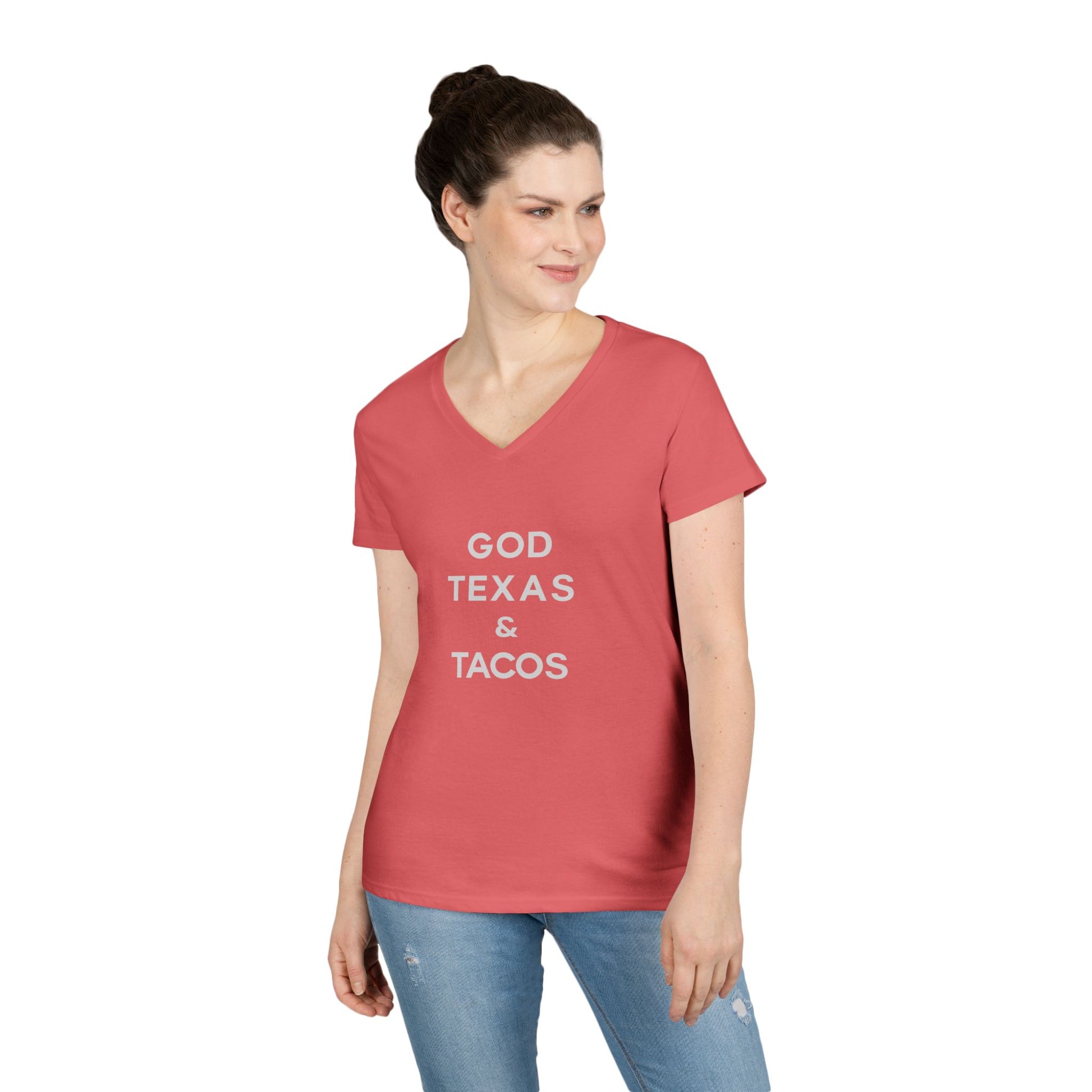 God, Texas and Tacos - Ladies' V-Neck T-Shirt