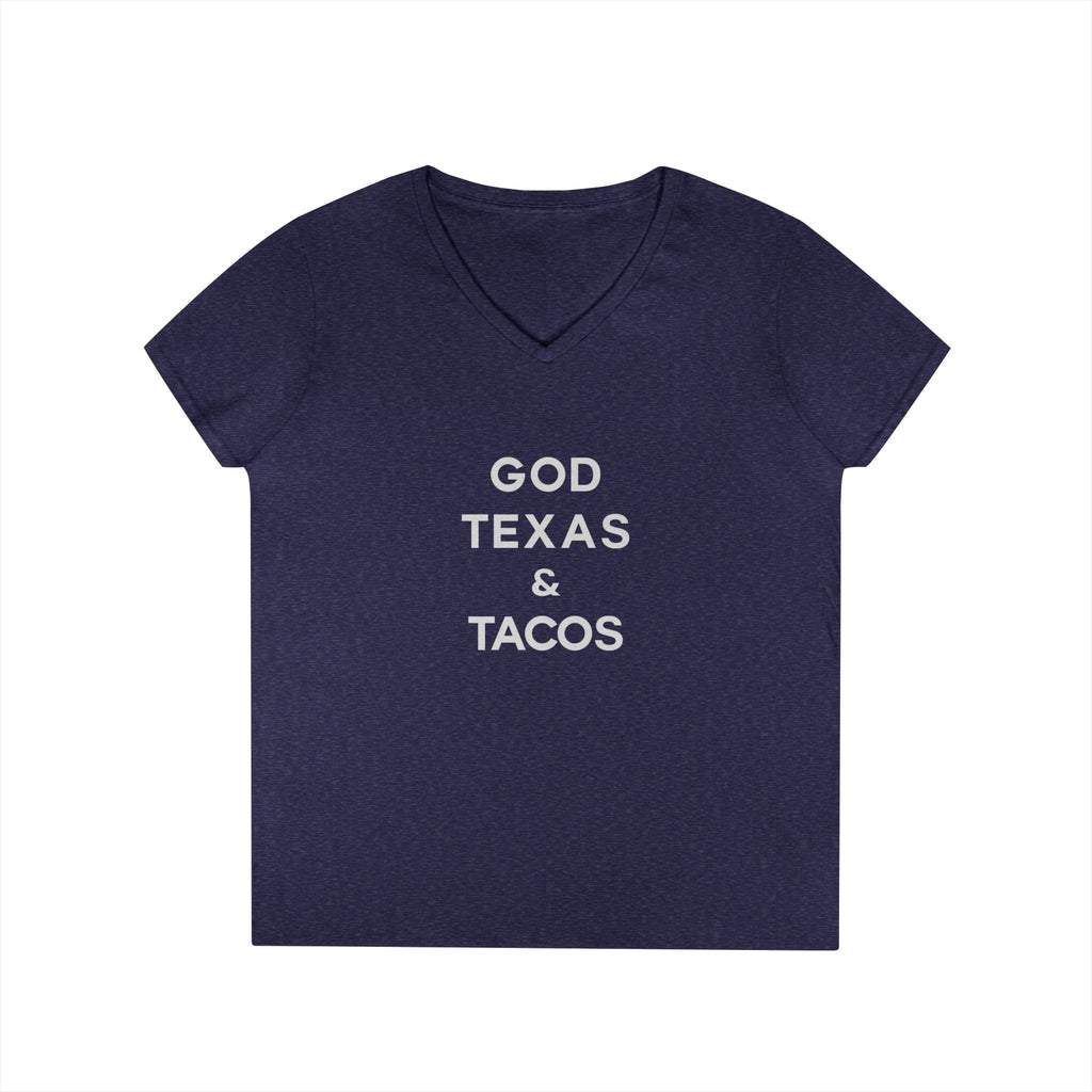 God, Texas and Tacos - Ladies' V-Neck T-Shirt